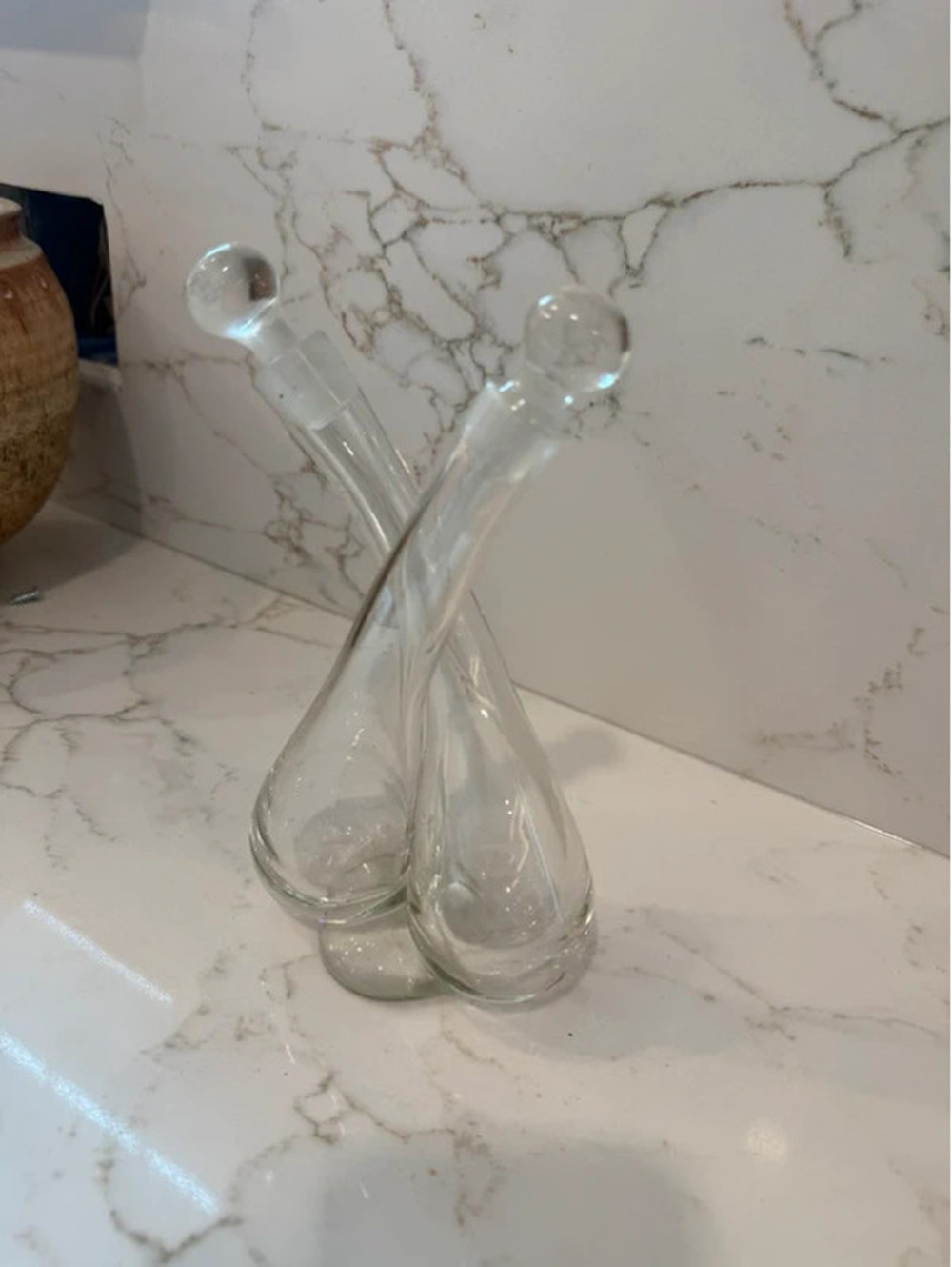 Vintage Intertwined Glass Oil & Vinegar Cruet Double Bottle w/ Stoppers